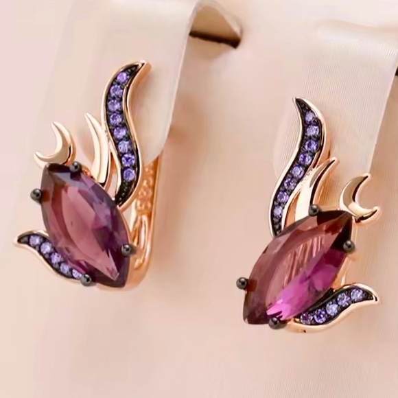 Luzy Jewelry Jewelry - Unique Rose Gold 585RG Purple Natural Gem Zircon Fish Design Earrings